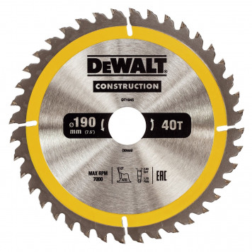 Диск DT1945-QZ пильный CONSTRUCT 190х30 мм, 40 зубьев, ATB +10° DEWALT
