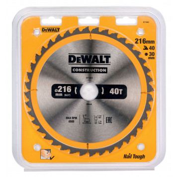 Диск DT1953-QZ пильный CONSTRUCT 216х30 мм, 40 зубьев, ATB -5° DEWALT-1