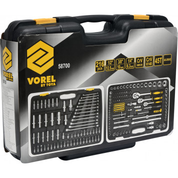 Набор 58700 насадок торцевых CRV с трещоткой 1/4 + 3/8 + 1/2 дюйма 216 предметов XXL VOREL-3