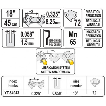 Цепь YT-84943 для бензопилы 0.325, 45 см, 1.5 мм, 72 звена YATO-2