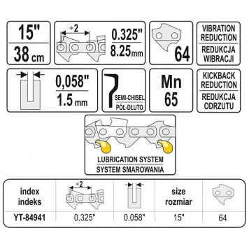 Цепь YT-84940 для бензопилы 0.325, 36 см, 1.5 мм, 56 звеньев YATO-2