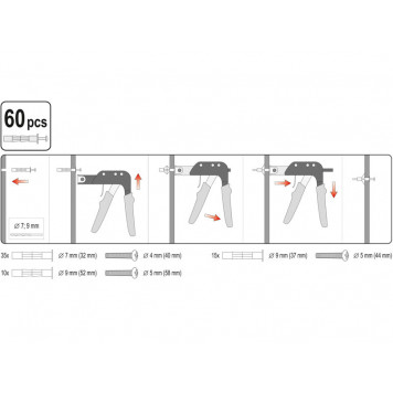 Пистолет YT-51451 для установки дюбелей Молли + 60 дюбелей YATO-3