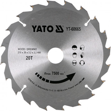 Диск YT-60665 с карбид вольфрамом 210х30 мм, 20 зубьев YATO