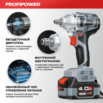 Набор аккумуляторных инструментов 18В E0092: гайковёрт ударный + УШМ 2х4,0 A/h ProfiPower-4