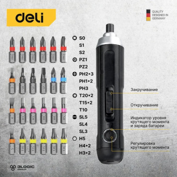 Отвёртка DL-DP04-E1B2 аккумуляторная (3,6В, 2А*ч, 5Нм, набор бит 24 шт, пласт. кейс) Deli-10