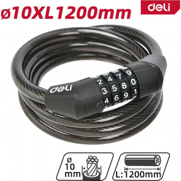 Замок DL508051 тросовый велосипедный кодовый 10*1200 мм, 10000 комбинаций кода Deli-1