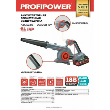 Воздуходувка аккумуляторная E0219 DWDUB-18V (Li-ion-1шт, 4.0Ач, З/У, в коробке) ProfiPower-4