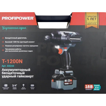Гайковёрт E0244 бесщеточный ударный T-1200N (18В, 6.0 А/ч, 1200 Нм) ProfiPower-20