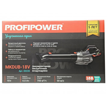 Воздуходувка E0228 бесщеточная MKDUB-18V (Li-ion-1шт, 18В, 4.0 А/ч) PROFIPOWER-6