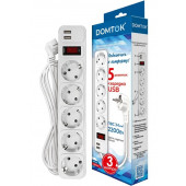 Сетевой фильтр ТМ DOMTOK (5 розеток, с USB type-A + type-A, 10А/2,2кВт, белый, 3м)